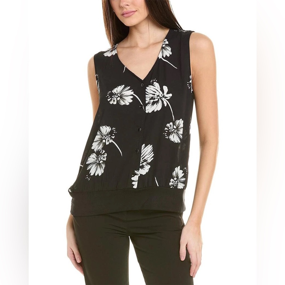 CAbi Knitwit Black and White Floral Blouse Top Sleeveless Button Front